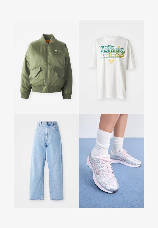 Olivengrøn bomberjakke med ribbet krave og manchetter, lynlås-lukning, to frontlommer og en sidelomme med lynlås. Har Nike-logo i hvid.; Hvid bomulds T-shirt med et grønt og gult grafisk print, "Nike Tennis Club," med tennismotiver og etableringsår 1972.; Højhalset lysblå denimjeans med lige vide ben, frontknap, lynlås lukning samt front- og baglommer.; Nike løbesko med sølvnetoverdel og pink detaljer, hvide snørebånd og en struktureret sål. Båret sammen med hvide bomulds sportsstrømper.