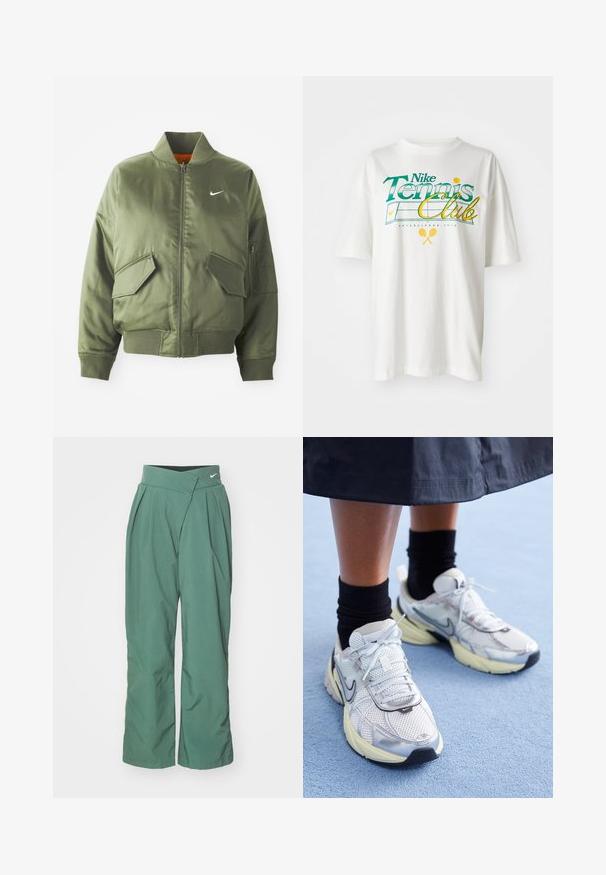 Chaqueta bomber verde oliva con cuello y puños acanalados, cierre de cremallera, dos bolsillos frontales y un bolsillo lateral con cremallera. Presenta el logo de Nike en blanco.; Camiseta blanca de algodón con un estampado gráfico en verde y amarillo que dice "Nike Tennis Club", con motivos de tenis y el año de establecimiento 1972.; Nike Sportswear TROUSER - Pantalones - vintage green/light army; Zapatillas Nike blancas y plateadas con tejido de malla, detalles reflectantes y una suela beige. Llevadas con calcetines negros, de pie sobre una superficie azul.