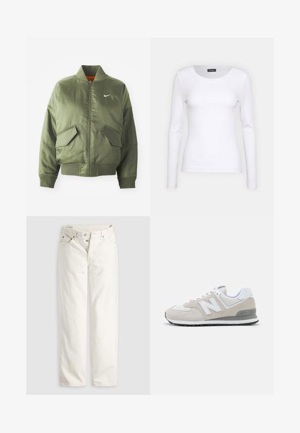 Chaqueta bomber verde oliva con cuello y puños acanalados, cierre de cremallera, dos bolsillos frontales y un bolsillo lateral con cremallera. Presenta el logo de Nike en blanco.; Top de manga larga blanco con cuello redondo. Fabricado en una tela elástica que se ajusta al cuerpo. Presenta sutiles líneas horizontales.; Vaqueros blancos de talle alto con pierna recta, cremallera de botones, bolsillos delanteros y traseros, y remaches de cobre visibles en las esquinas de los bolsillos.; Zapatillas de color beige claro que combinan materiales de ante y malla. El diseño incluye un logotipo blanco prominente y acentos grises. Suela de goma.