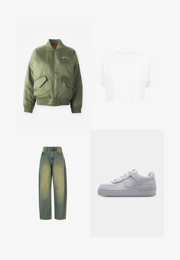 Olivengrøn bomberjakke med ribbet krave og manchetter, lynlås-lukning, to frontlommer og en sidelomme med lynlås. Har Nike-logo i hvid.; Hvid cropped t-shirt, korte ærmer, rund halsudskæring, lavet af blødt stof, uden synlige mønstre eller distinkt hardware.; Bredde ben denim jeans i lys blå med bleget struktur. Har fem lommer og høj talje. Ren kant og subtile syningsdetaljer.; Grå Nike Air Force 1 sneakers med perforeret tå, glat læderoverdel, tyk sål og præget 'AIR' detalje på hælen.