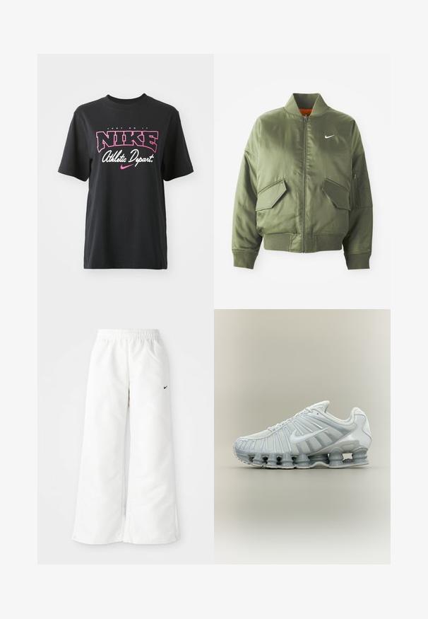 Olivenfarbene Bomberjacke mit geripptem Kragen und Bündchen, Reißverschluss, zwei Fronttaschen und einer seitlichen Reißverschlusstasche. Mit Nike-Logo in Weiß.; Schwarzes Baumwoll-T-Shirt mit einem grafischen Druck in Pink und Weiß, mit dem Text "JUST DO IT", "NIKE" und "Athletic Depart." Standardpassform.; Weiße Sporthose mit weitem Bein, elastischem Bund und kleinem schwarzen Nike-Logo auf der linken Seite. Glattes, leichtes Material.; Weißer und grauer Nike Sportschuh mit vertikalem Streifendesign und charakteristischer, federähnlicher Sohlenstruktur.
