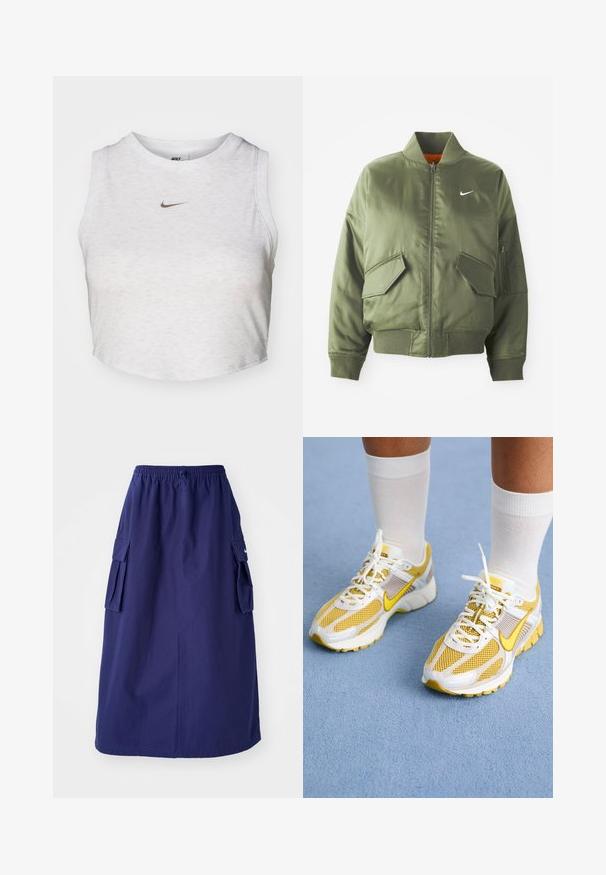 Chaqueta bomber verde oliva con cuello y puños acanalados, cierre de cremallera, dos bolsillos frontales y un bolsillo lateral con cremallera. Presenta el logo de Nike en blanco.; Top corto blanco hecho de una tela suave y texturizada. Presenta un cuello redondo y un diseño sin mangas, con un pequeño logotipo dorado de Nike en la parte delantera.; Falda azul marino de longitud media con una cinturilla elástica, que presenta dos bolsillos laterales tipo cargo y un detalle de logotipo minimalista. Textura de tela suave.; Zapatillas deportivas amarillas y blancas, con material de malla y sintético, que cuentan con cordones, una suela acolchada y un distintivo logotipo en los laterales.