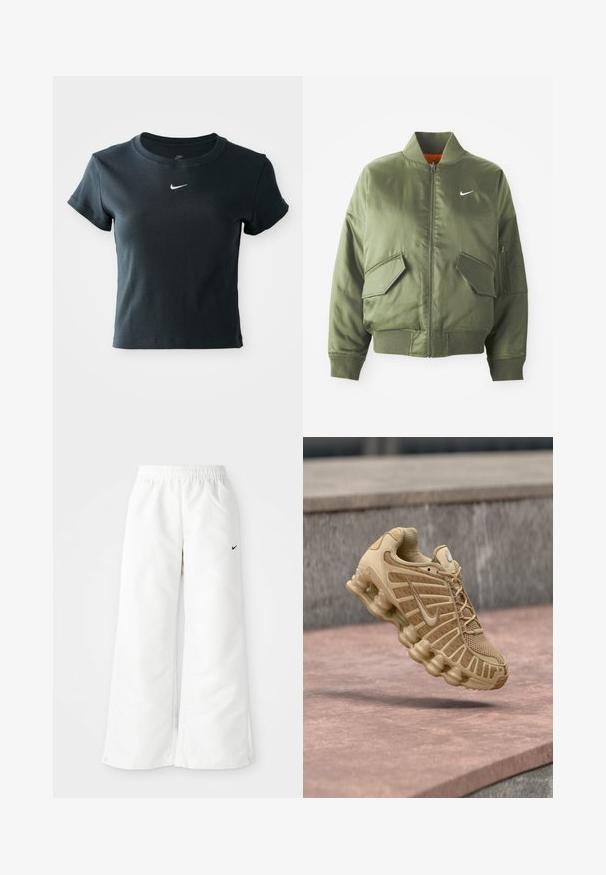 Olivovo zelená bomber bunda s vypčím golierom a manžetami, zipsovým zapínaním, dvoma prednými vreckami a bočným vreckom na zips. Obsahuje logo Nike v bielej farbe.; Krátky rukáv, skrátené čierne rebrované tričko s mäkkou textúrou, so malým bielym logom Nike na hrudi.; Biele športové nohavice so širokým strihom, elastickým pásom a malým čiernym logom Nike na ľavej strane. Hladký, ľahký materiál.; Bežová športová obuv s vrchnou časťou z sieťoviny a štruktúrovanou podporou, vybavená polstrovanou podrážkou s viditeľnými vzduchovými jednotkami a textúrovanými detailmi.