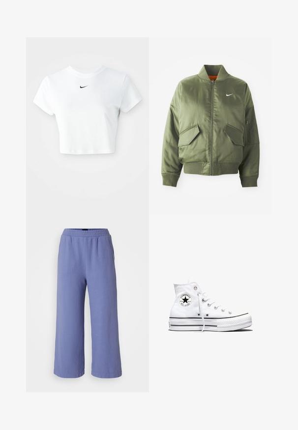 Olivenfarbene Bomberjacke mit geripptem Kragen und Bündchen, Reißverschluss, zwei Fronttaschen und einer seitlichen Reißverschlusstasche. Mit Nike-Logo in Weiß.; Weißes, kurz geschnittenes T-Shirt aus Baumwolle mit kurzen Ärmeln und rundem Ausschnitt, versehen mit einem schwarzen Nike-Logo auf der Brust.; Helllila weite Hosen mit elastischem Bund und strukturierter Stoffqualität. Sie haben eine lockere Passform ohne sichtbare Taschen oder Verzierungen.; Weißer Converse Chuck Taylor All Star High-Top-Sneaker mit schwarzem Logo-Patch und weißen Schnürsenkeln, dargestellt auf weißem Hintergrund.