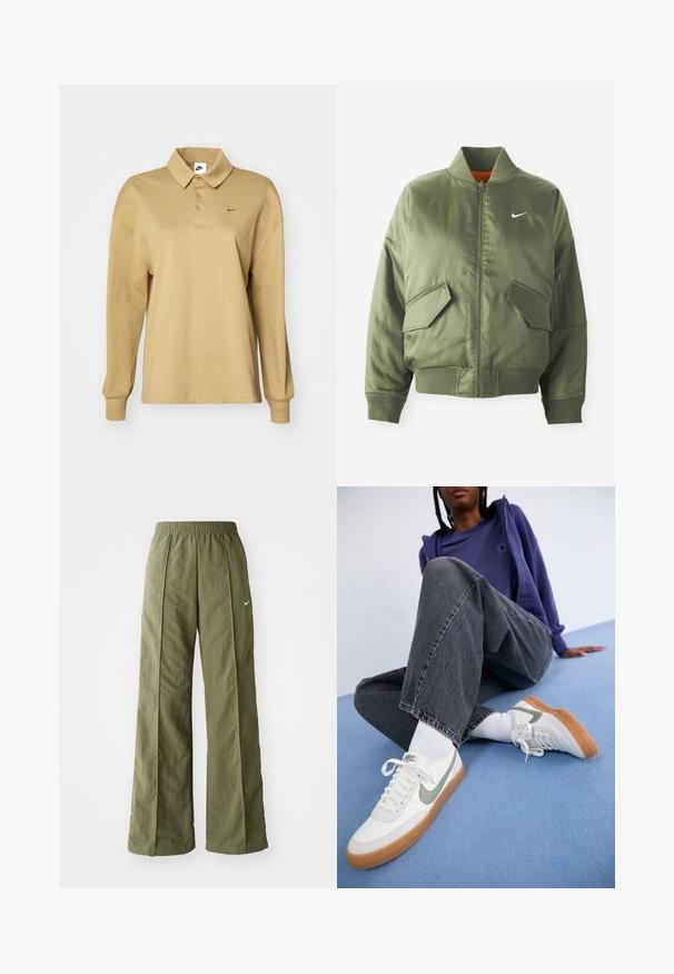 Olive rohelise värvi bomber-jakk ribidega krae ja varrukate, tõmbluku sulgemise, kahe ees oleva tasku ja ühe küljetaskuga. Omab valget Nike logo.; Beež pikatuga polo särk, mis on valmistatud puuvillast, millel on krae, kolm nööpi ja tagasihoidlik must Nike'i sisu logo.; Olivroheline laiad püksid, mis on valmistatud kerge kangaga, millel on elastne vöökoht ja ees väike valge logo.; Valged Nike spordijalatsid hallide aktsentidega, kummitald, koos valgete sokkidega. Tumedast hallist, väheselt kulunud laia säärega teksad. Sinine taust.