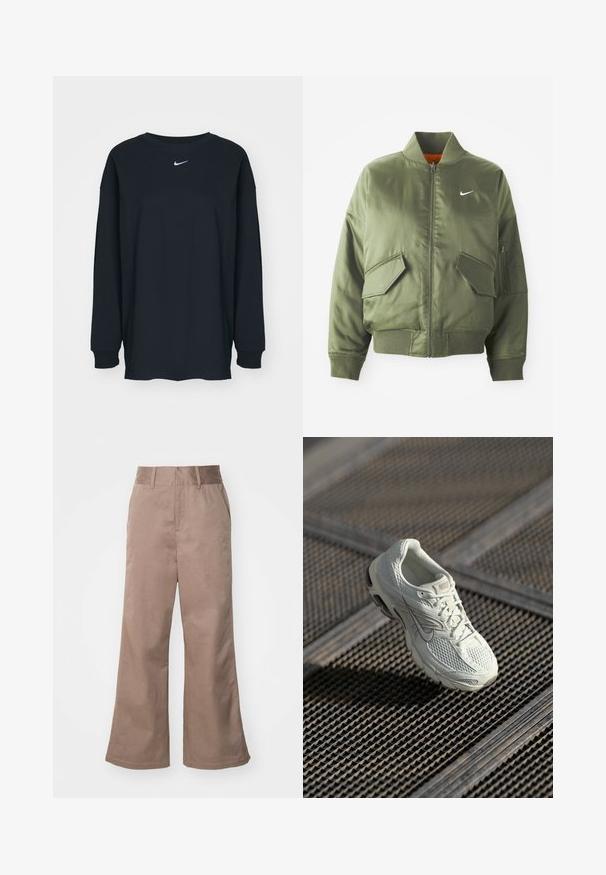 Olivengrøn bomberjakke med ribbet krave og manchetter, lynlås-lukning, to frontlommer og en sidelomme med lynlås. Har Nike-logo i hvid.; Sort langærmet T-shirt lavet af bomuld med rund hals. Har et hvidt Nike-logo på brystet. Blød tekstur, enkelt design.; Brune bomulds brede bukser med høj talje, frontlomme og en glat tekstur. Nederkanten er let flared.; Hvide Nike løbesko med overdel i mesh og syntetisk materiale, som hviler på metalristgulv i blødt naturligt lys.