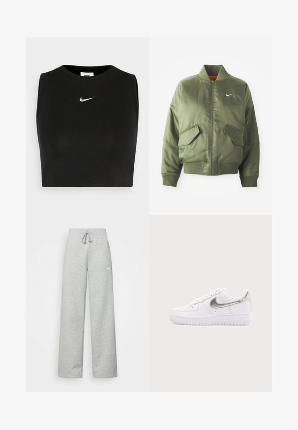 Olivovo zelená bomber bunda s vypčím golierom a manžetami, zipsovým zapínaním, dvoma prednými vreckami a bočným vreckom na zips. Obsahuje logo Nike v bielej farbe.; Čierny bezrukávový crop top vyrobený z rebrového materiálu, s okrúhlym výstrihom a malým bielym logom Nike na hrudi.; Šedé tepláky s elastickým pásom, detailom na šnúrku a malým bielym logom Nike na ľavom stehne. Mäkká tkanina, voľný strih.; Biele nízke tenisky s metalickým strieborným logom Nike a bielymi šnúrkami na obyčajnom svetlosivom pozadí.