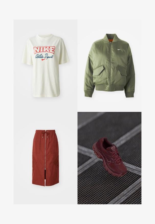 Olivovo zelená bomber bunda s vypčím golierom a manžetami, zipsovým zapínaním, dvoma prednými vreckami a bočným vreckom na zips. Obsahuje logo Nike v bielej farbe.; Biele bavlnené tričko s červeným a modrým logom "NIKE", s textom "Just Do It" nad ním a "Athletic Depart." pod ním, krátke rukávy, okrúhly výstrih.; Sukňa strednej dĺžky v terakotovo červenej farbe, s predným zipsom, elastickým pásom so šnúrkou a bočnými vreckami s geometrickým dizajnom.; Červená bežecká obuv Nike s sieťovaným zvrškom, textúrovanými detailmi, polstrovaným golierom a hrubou podrážkou, umiestnená nad mriežkovaným povrchom.