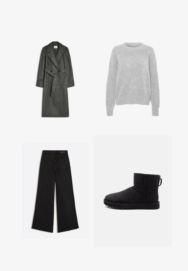 Long manteau en laine gris foncé avec de larges revers, des boutons doubles, des poches latérales et une ceinture assortie nouée à la taille.; Pull en maille gris avec des manches longues, un col rond, des bords-côtes aux poignets et à l'ourlet, présentant une texture douce et une coupe décontractée.; Jean en denim noir à jambes larges vu de dos avec deux poches arrière et des passants de ceinture à la taille.; Bottine en daim noir, à bout rond, doublée de shearling et avec une semelle en caoutchouc plate. Elle présente une couture latérale et une languette à l'arrière.