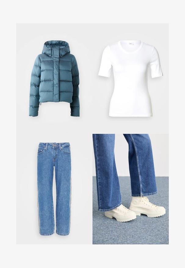 Chaqueta de plumas en azul claro, con un diseño corto, capucha y textura acolchada con secciones horizontales de espacio uniforme.; Camiseta blanca de manga corta hecha de algodón liso, con escote redondo y forma ajustada. Diseño clásico, sin estampados ni adornos.; Jeans de denim azul con un corte recto, que presentan rayas verticales en blanco y negro en los laterales y un cierre de botón en la cintura.; Zapatillas deportivas blancas de caña alta con suelas gruesas y estriadas, y detalle de logo circular, combinadas con jeans de mezclilla de pierna ancha en azul claro.