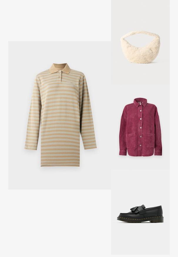 Cazadora camisa de pana de manga larga en rosa fuerte con botones a presión frontales, dos grandes bolsillos delanteros de parche y un cuello clásico.; Polo de manga larga a rayas beige y blanco con dos botones y un cuello beige sólido, mostrado sobre un fondo neutro.; Mocasines de cuero negro con punta redonda, que presentan un detalle de flecos y una banda decorativa en la parte frontal, montados sobre un tacón grueso.; Bolso de color crema con una textura suave y esponjosa. Forma curvada y una tira ancha para llevar. Diseño simple, sin hardware o acentos visibles.