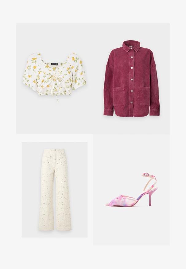 Veste-chemise en velours côtelé à manches longues de couleur rose profond avec boutons-pression sur le devant, deux grandes poches plaquées frontales et un col classique.; Top court blanc avec des manches bouffantes courtes, orné d'un imprimé floral jaune et vert. Centre froncé avec des lacets ajustables pour un meilleur ajustement.; Pantalon large crème taille haute avec broderie ajourée, poches avant et fermeture zippée avec bouton.; Sandale à talon haut tie-dye rose et violet avec bride à la cheville, bout pointu et nœud décoratif à l'avant.