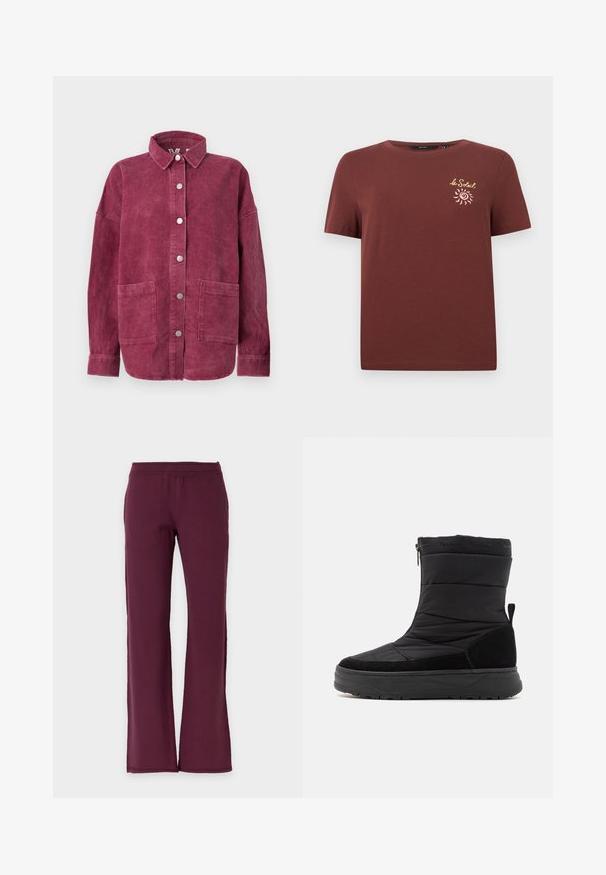 Langærmet jakke i kordfløjl i dyb pink med frontknapper, to store påsyede forlommer foran og en klassisk krave.; Kortærmet brun t-shirt med rund hals og lille gult "le Soleil" tekst og solgrafik på venstre brystområde.; Bukser med lige ben i ensfarvet mørk bordeaux med elastisk talje, lavet af blødt stof.; Sort vandtæt støvle med polstret overdel, suede detaljer, struktureret gummisål og lynlås i siden. Blød foring synlig øverst.