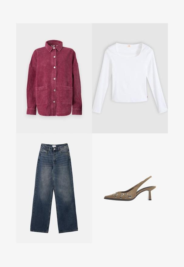 Veste-chemise en velours côtelé à manches longues de couleur rose profond avec boutons-pression sur le devant, deux grandes poches plaquées frontales et un col classique.; T-shirt blanc à manches longues en tissu côtelé, avec un col carré et une coupe ajustée, orné d'une petite étiquette logo sur le côté.; Jeans en denim bleu taille haute pour hommes, avec jambes larges, bouton et fermeture éclair à l'avant, ainsi que poches avant et arrière.; Escarpin slingback en daim marron avec bout pointu, talon fin de hauteur moyenne et décorations circulaires en œillets argentés sur le dessus.