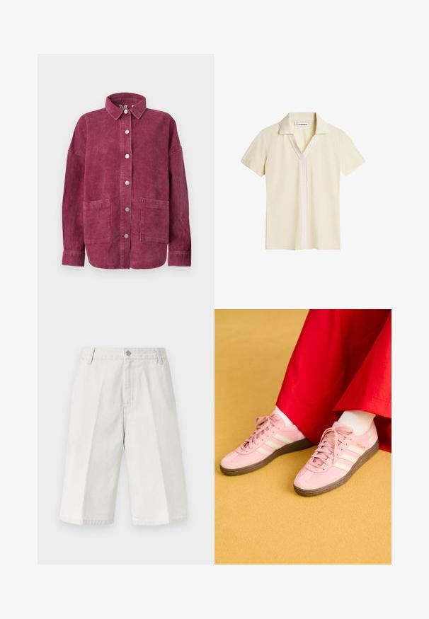 Pitkähihainen vintage-puuvillatakkipaita syvässä pinkissä, jossa edessä nepparit, kaksi suurta etutaskua ja klassinen kaulus.; Lyhythihainen lyhythihainen poolopaita vaalean kerma, V-kaula-aukko ja valkoinen kontrastipläkki. Sileä kangas hillityllä kiillolla ja räätälöity istuvuus.; Vaaleanbeiget polvimittaiset shortsit, joissa hienovaraiset pystysuorat kapeat raidat, vyölenkit, edessä nappi ja vetoketju.; Vaaleanpunaiset urheilukengät, joissa on valkoisia raitoja, kumipohja ja nauhakiinnitys. Yhdistetty valkoisten sukkien ja punaisen vaatteen kanssa. Keltainen tausta.