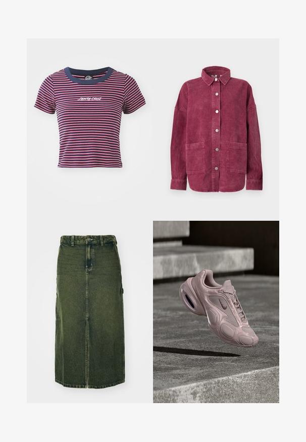 Langærmet jakke i kordfløjl i dyb pink med frontknapper, to store påsyede forlommer foran og en klassisk krave.; Stripet kortærmet t-shirt i navy, rød og pink. Har en solid navy halsudskæring og broderet "SANTA CRUZ" logo på fronten.; Grøn denimnederdel med mellemlangt snit, frontslids, knaplukning og bæltestropper. Dens struktur er let falmet, med sidelommer.; Nike-sneaker i lyserød med øvre del af mesh, rundet sål og synlig polstring. Glat tekstur med præget detaljer.
