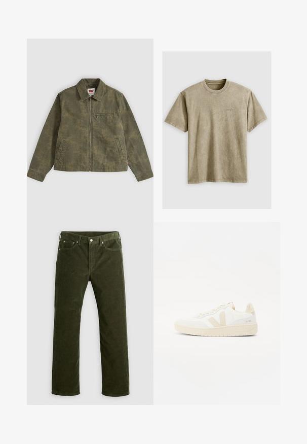 Veste zippée vert olive avec un motif de camouflage subtil, col rabattable, deux poches latérales et une poche poitrine zippée.; T-shirt marron clair à manches courtes avec un col rond, fabriqué en tissu doux. Présente un petit logo brodé sur la poitrine.; Pantalons en velours côtelé vert olive à jambe droite avec bouton avant, fermeture éclair, passants de ceinture et design à cinq poches sur fond blanc.; Sneaker blanche avec des accents beiges, présentant un dessus texturé, un bout rond et une semelle en caoutchouc épaisse. Le design inclut le logo V iconique et le branding.
