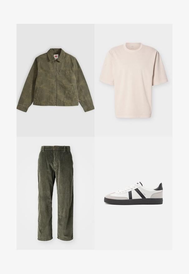 Veste zippée vert olive avec un motif de camouflage subtil, col rabattable, deux poches latérales et une poche poitrine zippée.; T-shirt beige oversize à manches courtes avec col rond et couture simple, présenté à plat sur un fond blanc.; Pantalons en velours côtelé vert olive avec des côtes verticales, dotés d'une fermeture à bouton et d'une coupe droite. Texture douce avec une coupe classique.; Baskets blanches avec des accents noirs et gris, présentant un embout texturé gris, une semelle en caoutchouc noir et des lacets plats blancs. Design épuré, style minimaliste.