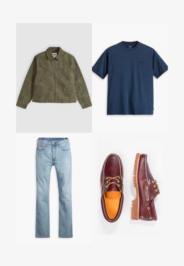 Olivgrüne Jacke mit Reißverschluss, subtilem Tarnmuster, umklappbarem Kragen, zwei Seitentaschen und einer Reißverschlusstasche an der Brust.; Marineblaue Baumwoll-T-Shirt, Rundhalsausschnitt, kurze Ärmel, mit dezentem schwarzen Logo auf der linken Brust und geradem Saum. Schlichtes Design.; Hellblaue Jeans aus Denim, mit geradem Bein, fünf Taschen, kontrastierenden Nähten und einem Knopfverschluss am Bund.; Bordeauxfarbene Lederschuhe mit braunen Gummisohlen, runder Zehenform, weißen Nähten und goldenen Ösen. Das Innenfutter weist eine gelbe Beschichtung auf.