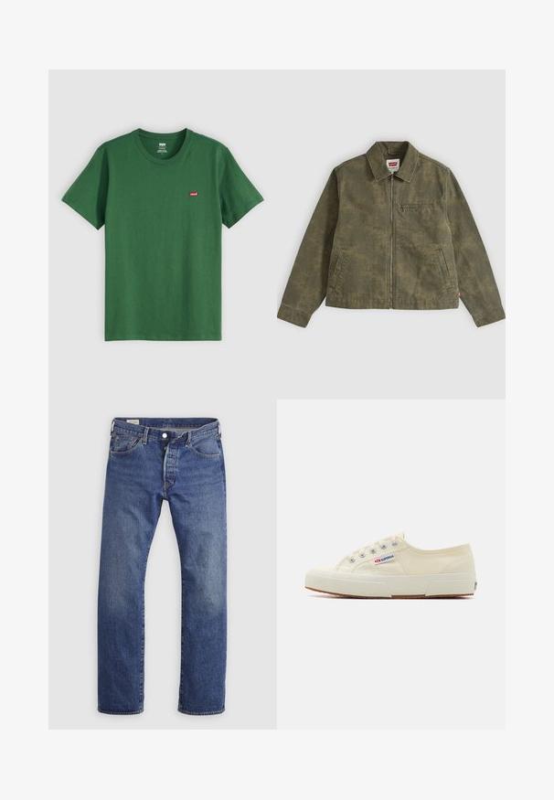 Oliven grøn lynlåstrøje med diskret camouflage mønster, nedfoldet krave, to sidelommer og en lynlåslomme på brystet.; Grøn bomulds t-shirt med rund hals, korte ærmer og et lille rødt Levi's-logo på venstre bryst. Blød tekstur, standard pasform.; Blå denim jeans med lige ben, klassisk fem-lomme design og knaplukning på en ensfarvet baggrund.; Beige lærredssneaker med et lavprofildesign, metaløjet og gummisål. Har et tekstureret mønster og logodetalje på siden.