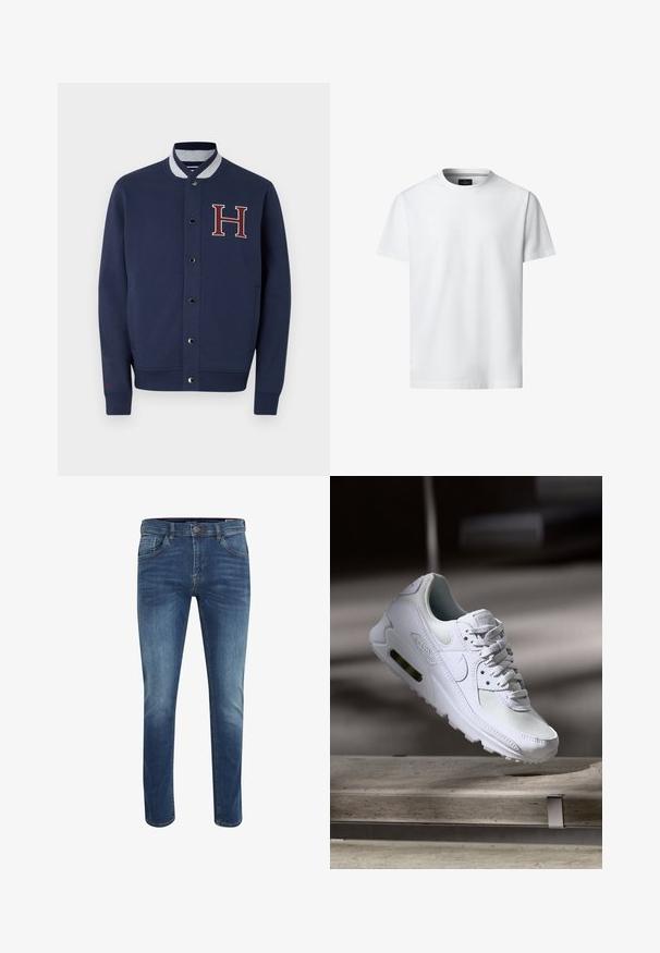 Marineblå varsity-jakke med grå krave, trykknapper, broderet rødt 'H' logo og sidelommer; lavet af blødt, struktureret stof.; Hvid, kortærmet T-shirt med rund hals, vist forfra på hvid baggrund med synligt mærke indeni kraven.; Smaltsiddende blå denimjeans med medium vask, fem lommer og kontrastsømme. Har lukning med knapper og bæltestropper.; Hvide Nike Air Max 90 sneakers med en overdel i mesh og læder, perforeret tåboks og en synlig luftenhed i hælen.