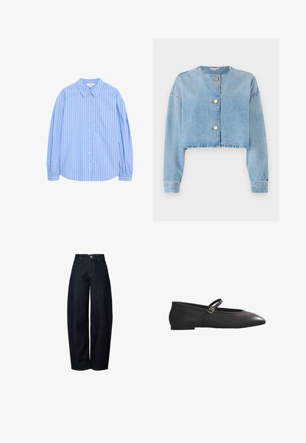 Beskaffet denimjakke i lys blå. Har tre guldknapper, lange ærmer og en rund halsudskæring. Slidt kant og blød tekstur.; Lys blå langærmet skjorte med knapper, hvide lodrette striber, kravedesign, en lomme på venstre bryst og sammenfaldne ærmer ved manchetterne.; Bredde ben mørkeblå denim jeans med høj talje, færdiggjort med kontrasterende orange syninger og en knaplukning foran.; Sort flat Mary Jane-sko i læder med spids tå og enkelt tynd rem med lille spænde på hvid baggrund.