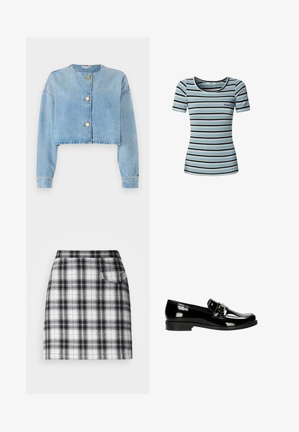 Veste en denim coupée de couleur bleu clair. Comprend trois boutons dorés, des manches longues et un col rond. Ourlet effiloché et texture douce.; Chemise ajustée à manches courtes avec des rayures horizontales en bleu clair, noir et blanc, arborant un petit logo "Pepe Jeans" sur la poitrine.; La jupe à carreaux présente un motif noir et blanc avec une coupe slim, une coupe droite et une petite poche arrière pour les détails. Fabriquée en tissu tissé.; Mocassins en cuir verni noir avec une sangle et des détails en argent, dotées d'une semelle plate et de coutures le long des bords.