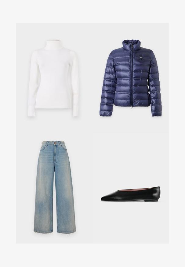 Chaqueta acolchada azul marino con cremallera frontal, cuello alto, mangas largas y una pequeña etiqueta negra en el pecho.; Suéter blanco de cuello vuelto, diseño ajustado, mangas largas, textura suave, tela lisa, detalles mínimos, puños y cuello acanalados.; Jeans de mezclilla de tiro ancho en azul claro con dobladillo deshilachado, cinco bolsillos y cierre de botón. Presenta un leve desgaste en la parte frontal.; Zapato plano negro de cuero para mujer con punta puntiaguda y tacón bajo, mostrado de lado sobre un fondo liso gris claro.