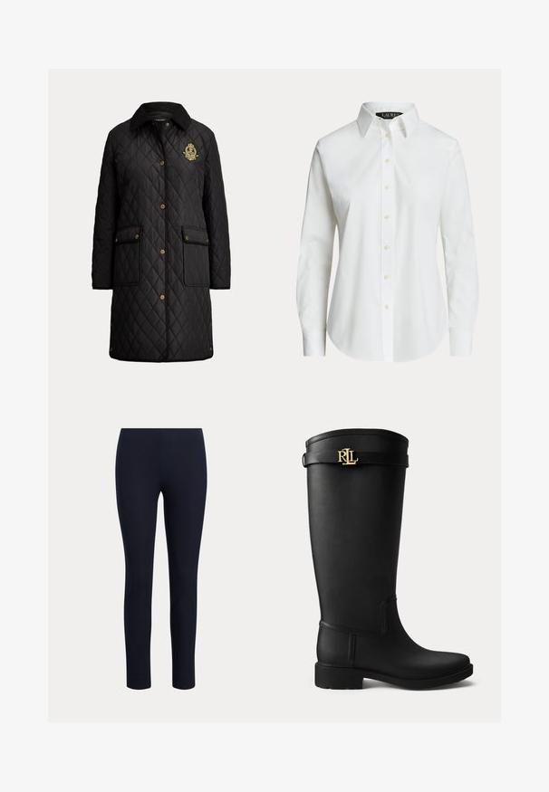 Abrigo largo negro acolchado con botones dorados, dos bolsillos delanteros con solapa, cuello de pana y escudo bordado en el pecho.; Camisa blanca de manga larga con botones, con cuello clásico y botones delanteros visibles, mostrada sobre un fondo liso.; Leggings ajustados azul marino de largo completo con cintura alta, mostrados sobre un fondo claro y liso.; Bota de lluvia negra hasta la rodilla con tacón bajo y hebilla dorada con el logo RLL cerca de la parte superior sobre un fondo claro y liso.