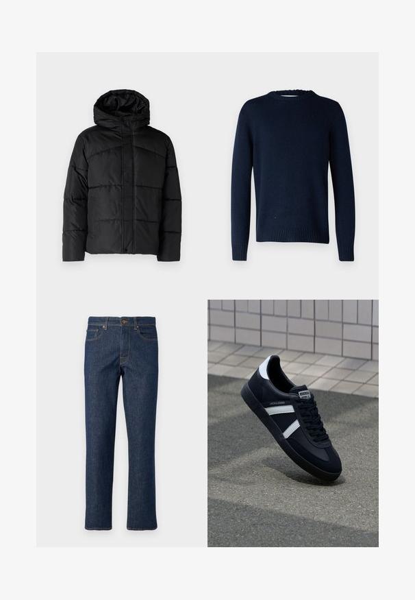 Čierna padded bunda s kapucňou, s prešívaným dizajnom, predným zipsom a postrannými vreckami. Mäkká, hladká textúra po celom povrchu.; Selected SLMCODY LS KNIT CREW NECK NOOS - Svetrík - sky captain; Tmavomodré džínsy vyrobené z denimovej látky so strihom rovného nohu, s gombíkovým zapínaním, piatimi vreckami a kontrastnými stehmi.; Čierne kožené tenisky s bielymi pruhmi, textúrovanou gumovou podrážkou a šnurovaním vpredu. Obsahujú označenie značky na jazyku.