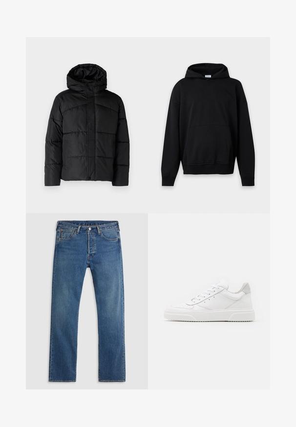 Zwarte gewatteerde jas met een capuchon, voorzien van een gestikte uitstraling, rits aan de voorkant en zijzakken. Zacht, gladde textuur overal.; Eenvoudige zwarte hoodie met lange mouwen, een voorzak en geribbelde manchetten en zoom, afgebeeld tegen een lichtgrijze achtergrond.; Blauwe rechte denim jeans met vijf zakken, riemlussen en een sluiting met een knoop en ritssluiting aan de voorkant, op een effen achtergrond.; Witte leren sneakers met een gladde afwerking, ronde neus, platte veters en een gestructureerde zool. Grijze suède accent bij de hiel.
