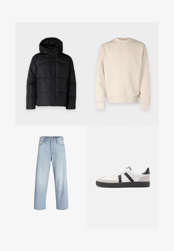 Black padded jacket with a hood, featuring a quilted design, zip front closure, and side pockets. Soft, smooth texture throughout.; Light beige sweatshirt with a round neck, ribbed cuffs, and hem. Made of soft fabric with a smooth texture. Minimalist design, no patterns.; Light blue denim jeans with a high waist, wide leg, and a straight cut. Features classic button closure and five pocket design.; White sneaker with black and gray accents, featuring a textured gray toe cap, black rubber sole, and flat white laces. Clean design, minimalist style.