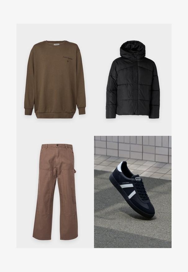 Zwarte gewatteerde jas met een capuchon, voorzien van een gestikte uitstraling, rits aan de voorkant en zijzakken. Zacht, gladde textuur overal.; Bruine katoenen sweatshirt met een ronde hals, lange mouwen en ribgebreide manchetten. Bevat geborduurde tekst "Lunar Hypnosis" en een kleine steraccent.; Bruine katoenen cargobroek met een ontspannen pasvorm, zijzakken en grote knieën voor extra duurzaamheid en stijl.; Zwarte leren sneaker met witte strepen, een gestructureerde rubberen zool en vetersluiting aan de voorkant. Voorzien van een merklabel op de tong.