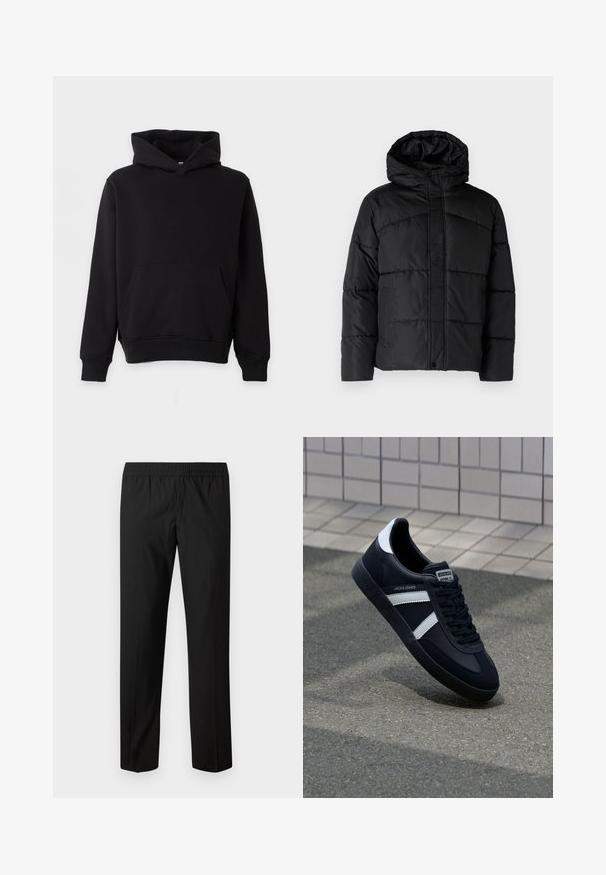 Zwarte gewatteerde jas met een capuchon, voorzien van een gestikte uitstraling, rits aan de voorkant en zijzakken. Zacht, gladde textuur overal.; Effen zwarte hoodie met buidelzak aan de voorkant, lange mouwen en geribde boorden en zoom, getoond tegen een lichte achtergrond.; Zwarte broek met rechte pijpen en een elastische tailleband, zonder zichtbare zakken of versieringen.; Zwarte leren sneaker met witte strepen, een gestructureerde rubberen zool en vetersluiting aan de voorkant. Voorzien van een merklabel op de tong.