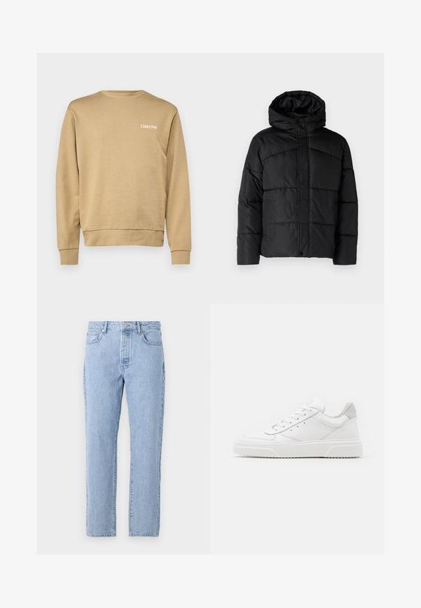 Veste matelassée noire avec capuche, présentant un design en quilt, fermeture éclair sur le devant et poches latérales. Texture douce et lisse sur toute la surface.; Sweatshirt beige avec col rond et poignets côtelés, arborant un discret texte "Club1990" en blanc sur la zone du côté gauche de la poitrine. Texturé lisse.; Jean en denim bleu clair avec une coupe droite, cinq poches et une fermeture à bouton. Texture douce avec une finition vieillie classique.; Des baskets en cuir blanc avec une finition lisse, un bout rond, des lacets plats et une semelle texturée. Accents en daim gris au niveau du talon.