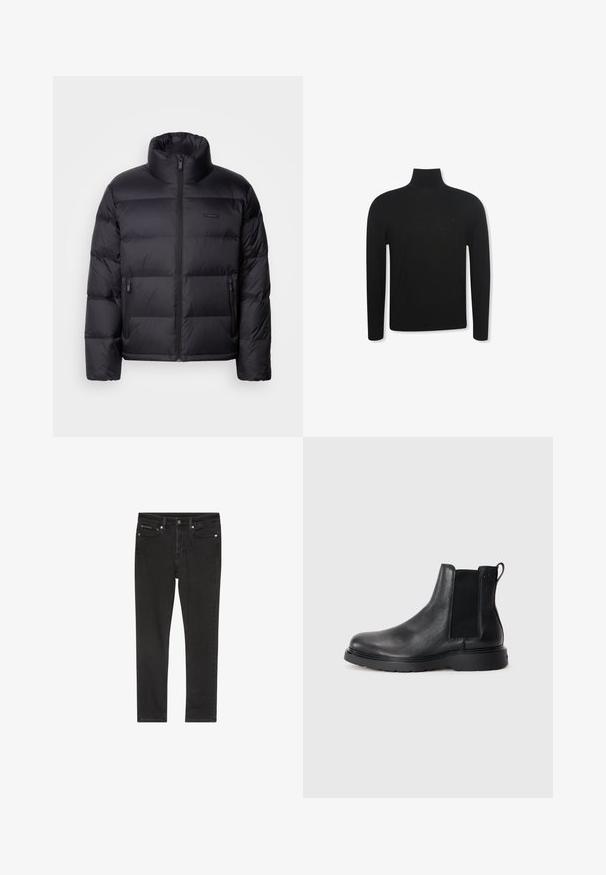 Calvin Klein PUFFER - Daunenjacke - black; Schwarzer Langarm-Rollkragenpullover mit schmaler Passform und dezentem Logo auf der linken Brustseite, dargestellt vor weißem Hintergrund.; Schwarze Denim-Jeans mit schmaler Passform, ausgestattet mit vier Taschen, einem Metallknopfverschluss und leichten Used-Details. Glatte Textur und klassisches Design.; Schwarze Leder-Chelsea-Boots mit strukturiertem Finish, elastischen seitlichen Einsätzen und einer robusten Gummisohle. Dezentes Branding an der Ferse.