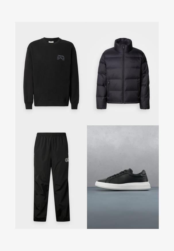 Calvin Klein PUFFER - Doudoune - black; Sweatshirt en coton noir à manches longues, col rond et poignets côtelés. Présente un logo brodé en bleu sur la poitrine.; Pantalons de pluie noirs en matériau léger et imperméable. Caractéristiques : une taille élastique et un détail de logo sur le côté. Texture lisse.; Baskets en cuir noir avec une finition lisse, semelle en caoutchouc blanc, forme arrondie, six œillets pour les lacets et une marque discrète sur le talon.