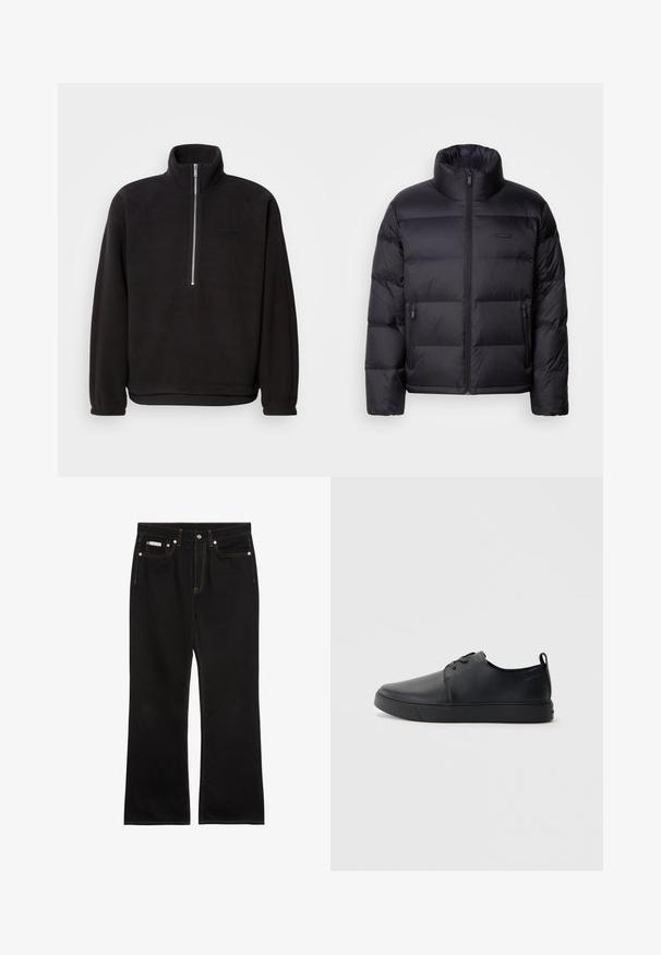 Calvin Klein PUFFER - Doudoune - black; Pull noir en polaire avec un col haut et une fermeture éclair quart, doté de poignets élastiques et d'une texture lisse. Étiquette logo subtile sur la poitrine.; Jean noir droit avec coutures orange, cinq poches, fermeture par bouton, et une petite étiquette Calvin Klein sur la poche avant droite.; Baskets en cuir noir avec une finition lisse, bout arrondi, coutures ton sur ton, devant à lacets et semelle plate en caoutchouc. Anse au talon.