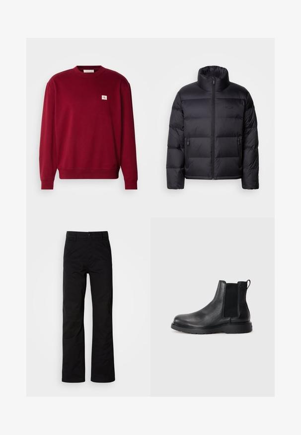 Calvin Klein PUFFER - Sulejope - black; Punane sviiter, mis on valmistatud pehmest kangast, millel on ümmargune kaelus, pikad varrukad ja väike brodeeritud logo vasakul rinnakorvil.; Mustad puuvillased püksid sirge jala lõikega, varustatud nööpkinni ja vöökonksudega. Sile tekstuur ja minimalistlik stiil ilma nähtavate mustriteta.; Mustad mustad Chelsea saapad, millel on tekstuuriga viimistlus, elastsed külgtaskud ja vastupidav kummist tald. Discreetne bränding kontsapuntšel.