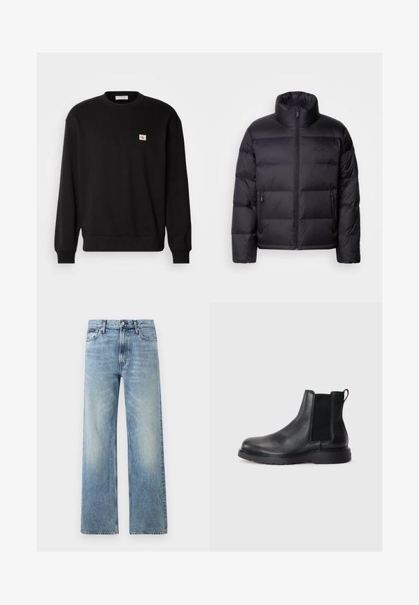Calvin Klein PUFFER - Daunenjacke - black; Schwarzer Baumwoll-Pullover mit Rundhalsausschnitt und langen Ärmeln, mit einem kleinen, rechteckigen Logo-Patch auf der Brust und gerippten Bündchen.; Hellblaue Jeans mit geradem Bein, hohem Bund, fünf Taschen, Knopfverschluss und dezentem Verblassen an Oberschenkeln und Knien.; Schwarze Leder-Chelsea-Boots mit strukturiertem Finish, elastischen seitlichen Einsätzen und einer robusten Gummisohle. Dezentes Branding an der Ferse.