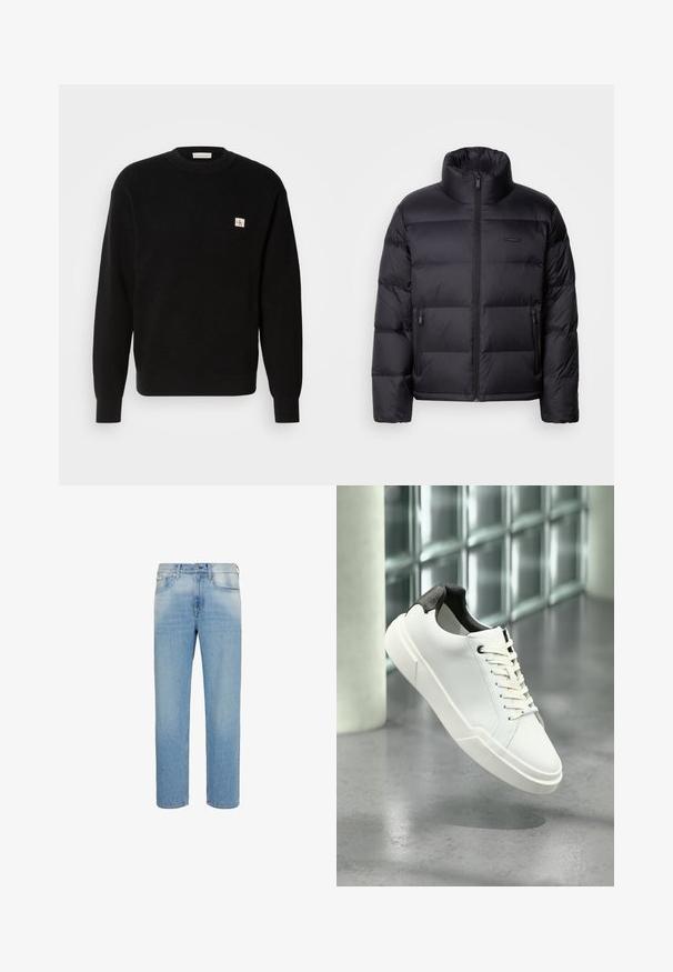 Calvin Klein PUFFER - Páperová bunda - black; Čierny pletený sveter s rebrovanou textúrou, okrúhlym výstrihom a malou bielou a červenou nášivkou na ľavej hrudi. Klasický strih s dlhými rukávmi.; Svetlomodré rifle s priamym strihom, prednými vreckami, opaskovými pútkami a zapínaním na gombíky, zobrazené na bielom pozadí.; Biela nízka teniska s čiernou textúrovanou pätkou, bielymi šnúrkami a hrubou podrážkou na leštenej betónovej podlahe pri sklenených blokoch.