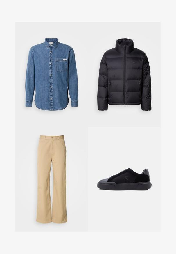 Calvin Klein PUFFER - Sulejope - black; Keskmise sinise värvusega denimpooltüübi särk, millel on nupuga krae, pikad varrukad, eesmine tasku ja valged nupud. Omab veidi kõverat alumist serva.; Bežid, laiused püksid, mis on valmistatud puuvillasegust. Omavad nupuvärvi ja vööaukude. Sujuv tekstuur, kus on minimaalsed õmbluse detailid.; Must madal tennisking paksu tallaga, paeltega ees ja peene "cK" logoga külgtahvlil.