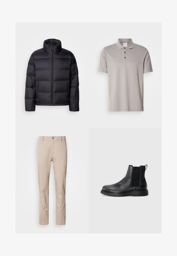 Calvin Klein PUFFER - Dunjakker - black; Grå kortærmet polo shirt lavet af glat stof, med en klassisk krave og tre sorte knapper. Subtil lodret ribbet mønster gennem hele skjorten.; Beige bomulds chinos med lige pasform, bæltestropper, en enkelt frontknap og en glat, utextureret overflade. Ingen lommer er synlige.; Sorte læder chelsea støvler med tekstureret finish, elastiske sidepaneler og en robust gummisål. Subtil branding på hælen.