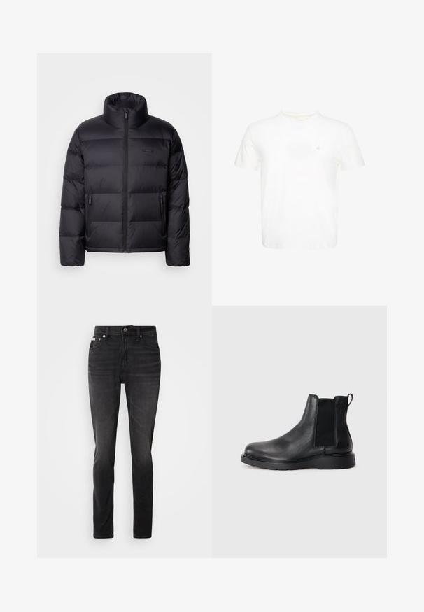 Calvin Klein PUFFER - Μπουφάν με πούπουλα - black; Λευκό κοντομάνικο T-shirt με στρογγυλή λαιμόκοψη και μικρό κεντητό λογότυπο "ck" στο αριστερό στήθος.; Μαύρα τζιν παντελόνια από τζιν ύφασμα με στενή εφαρμογή, πέντε τσέπες και κλείσιμο με κουμπί. Διαθέτουν μια ήπια φθορά και ραφές στις τσέπες.; Μαύρα δερμάτινα μποτίνια Chelsea με υφή, ελαστικές πλαϊνές ταινίες και ανθεκτική καουτσούκ σόλα. Διακριτική σήμανση στη φτέρνα.
