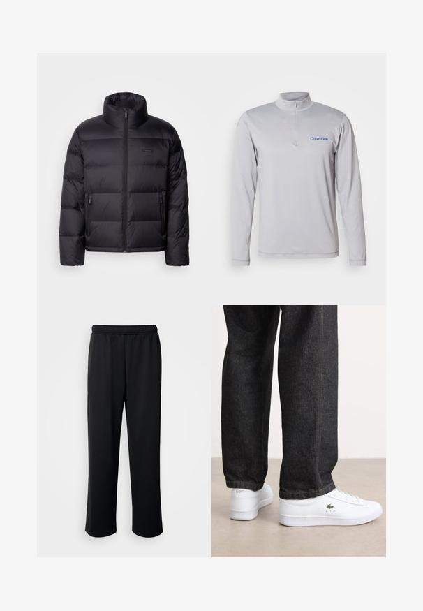 Calvin Klein PUFFER - Gewatteerde jas - black; Lange mouwen, lichtgrijze ritspullover van textuurstof. Bevat een blauw Calvin Klein-logo op de borst. Eenvoudig, sportief ontwerp.; Zwarte sportbroek van zachte, ademende stof. Beschikt over een elastische tailleband en rechte pijpen zonder opvallende accenten of patronen.; Witte leren sneakers met een laag profiel en een groen logo, gecombineerd met donkere spijkerbroek met gele stiksels.