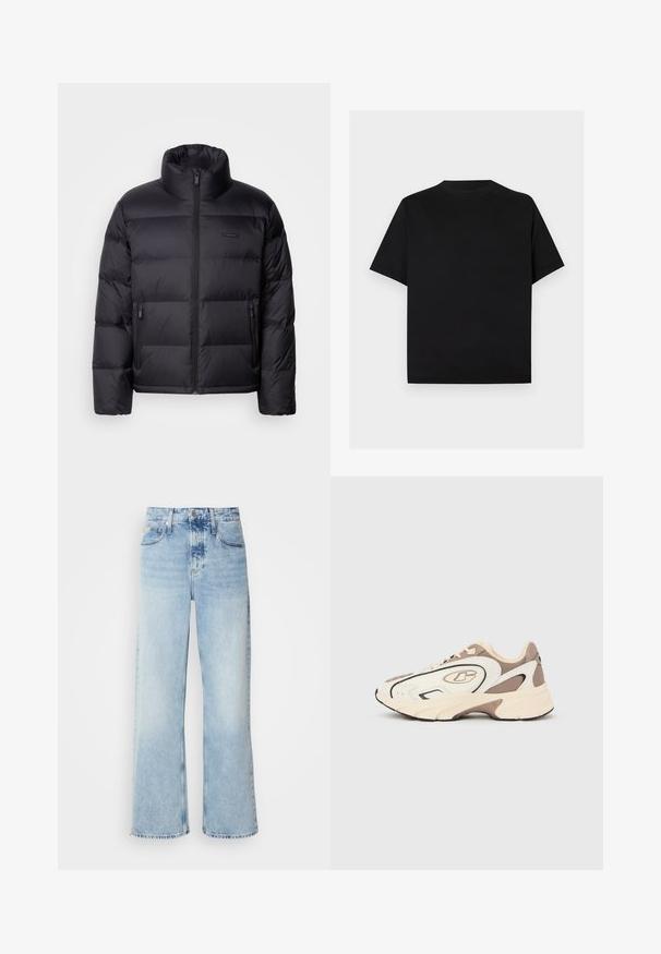 Calvin Klein PUFFER - Dunjakker - black; Simpel sort T-shirt med korte ærmer og rund hals vist på en lys grå baggrund.; Lysblå vide jeans med høj talje, der har en falmet finish, bæltestropper og klassisk fem-lomme design. Kantene er rå.; Sportsneakers med en creme- og brun farveskema, lavet af mesh og syntetiske materialer, med rundet snude og fremtrædende logo på siden.