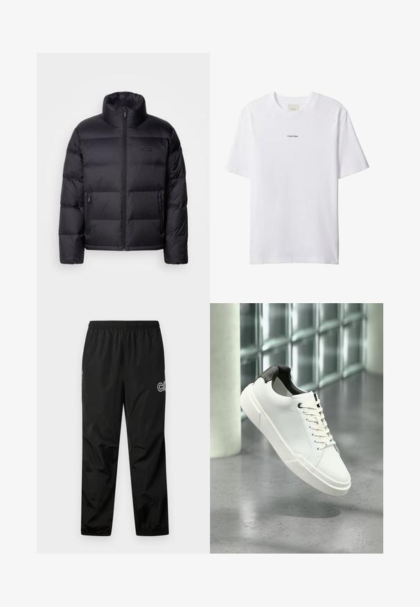 Calvin Klein PUFFER - Gewatteerde jas - black; Witte katoenen T-shirt met een ronde hals en korte mouwen. Heeft een klein zwart "Calvin Klein"-logo in het midden van de borst.; Zwarte regenbroek van lichtgewicht, waterdicht materiaal. Beschikt over een elastische tailleband en logo-detail aan de zijkant. Glad van textuur.; Witte lage sneaker met zwarte, gestructureerde hielkap, witte veters en dikke zool op een gepolijste betonnen vloer nabij glazen blokken.