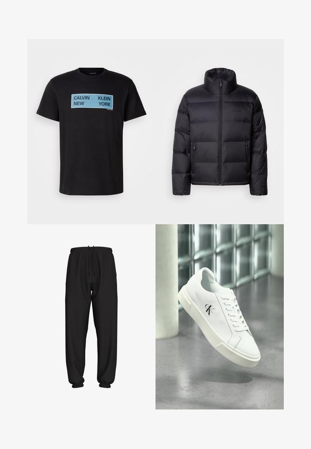 Calvin Klein PUFFER - Páperová bunda - black; Čierne bavlnené tričko s výrazným modrým a čiernym textom: "CALVIN NEW KLEIN YORK" na prednej strane. Klasický dizajn s okrúhlym výstrihom a krátkymi rukávmi.; Čierne voľné tepláky s elastickým pásom a manžetami, s nastaviteľným sťahovacím šnúrkou v páse.; Biela teniska Calvin Klein so šnúrkami, zobrazená vznášajúca sa nad leštenou betónovou podlahou a stenou z sklenených blokov.