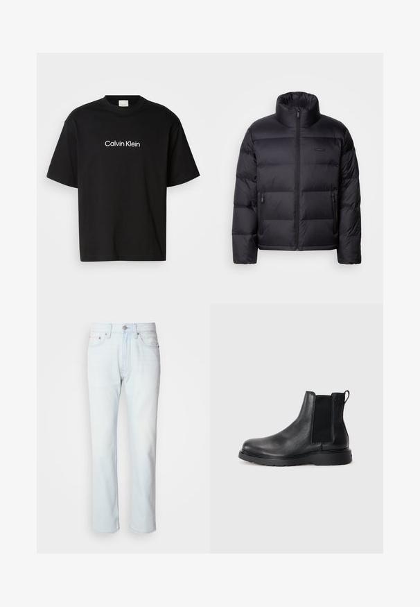 Calvin Klein PUFFER - Μπουφάν με πούπουλα - black; Μαύρο βαμβακερό T-shirt με κοντά μανίκια, που διαθέτει στο μπροστινό μέρος το λογότυπο "Calvin Klein" σε λευκό χρώμα και κλασική στρογγυλή λαιμόκοψη.; Ανοιχτού μπλε τζιν παντελόνι με ίσια κοπή. Διαθέτει κλείσιμο με κουμπί και ζώνες, παρουσιάζοντας μια ξεθωριασμένη υφή και ελάχιστη ραφή.; Μαύρα δερμάτινα μποτίνια Chelsea με υφή, ελαστικές πλαϊνές ταινίες και ανθεκτική καουτσούκ σόλα. Διακριτική σήμανση στη φτέρνα.