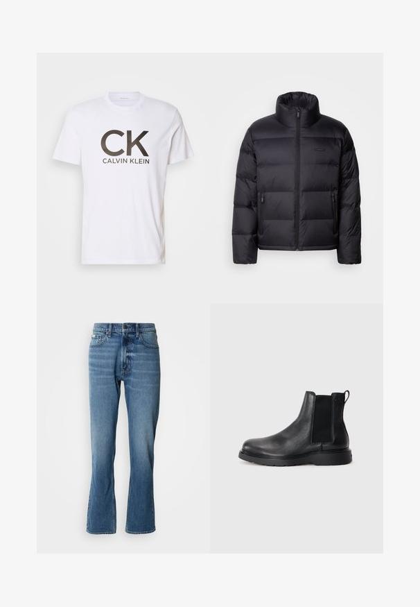 Calvin Klein PUFFER - Gewatteerde jas - black; Witte katoenen t-shirt met een groot zwart "CK" logo en "CALVIN KLEIN" tekst eronder. Klassieke ronde hals en korte mouwen.; Lichtblauwe denim jeans met een rechte snit en een lichte flare. Beschikt over vijf zakken, een knoopsluiting en subtiele wassingdetails.; Zwarte leren Chelsea boots met een gestructureerde afwerking, elastische zijpanelen en een stevige rubberen zool. Subtiele branding op de hiel.